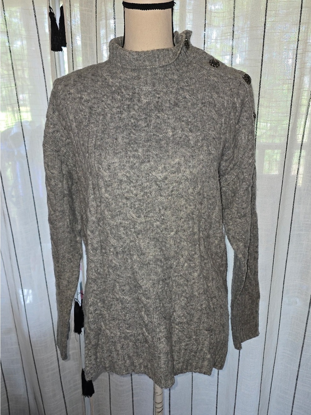 crown & ivy Heather Gray Cable Turtleneck Sweater with Shoulder Buttons